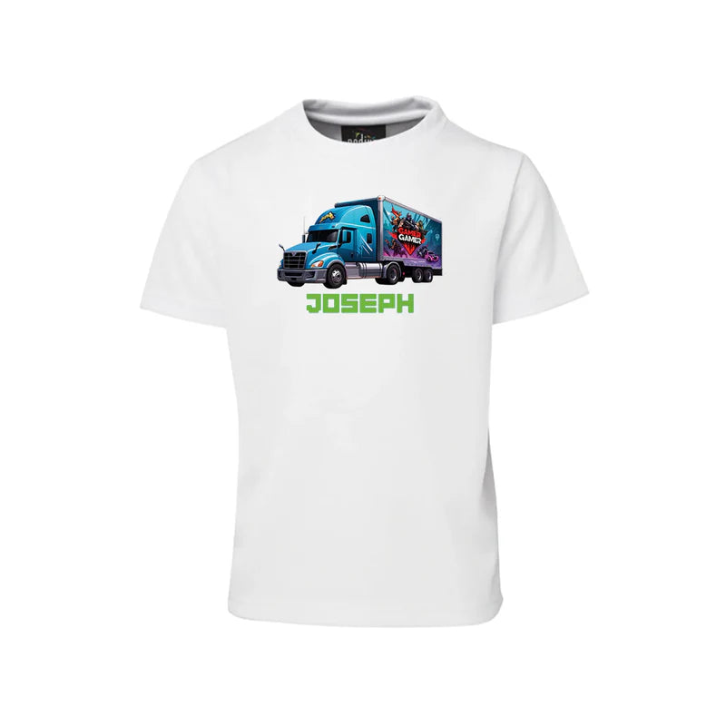 Game Truck sublimation T-shirt, gaming graphic design, flat lay apparel on white background