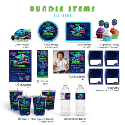 Game Truck personalized party pack template, bold gaming theme, flat lay on white background