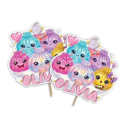 Glitter Dumpling personalized cake toppers featuring cute dumpling graphics on a modern dessert table display