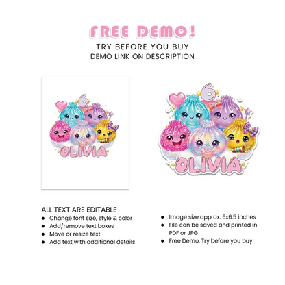Glitter Dumpling Personalized Cake Toppers Printable Digital Download