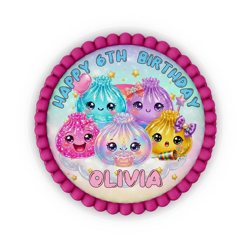 Glitter Dumpling edible icing cake images with sparkly dumpling illustrations placed on a frosted round cake