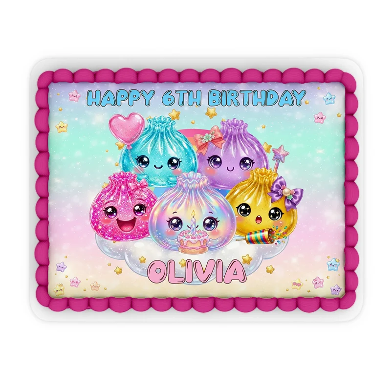 Glitter Dumpling custom sheet cake images showing a vibrant birthday layout on a large rectangle cake