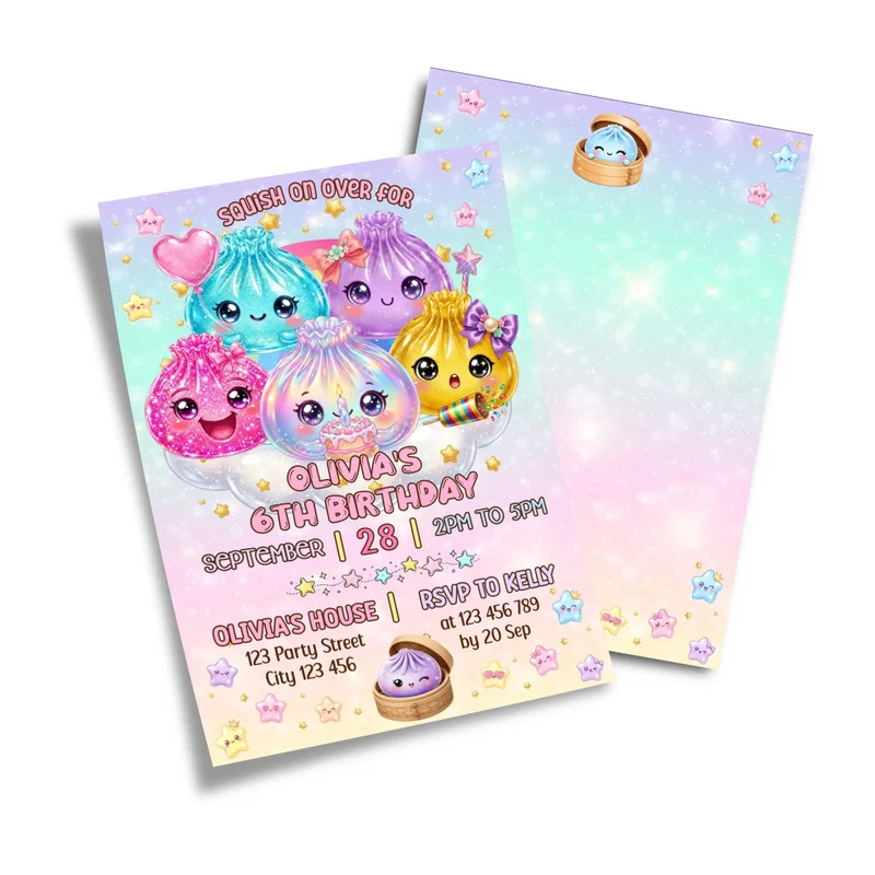 Glitter Dumpling birthday card invitations displaying a sparkly template layout on a minimal background