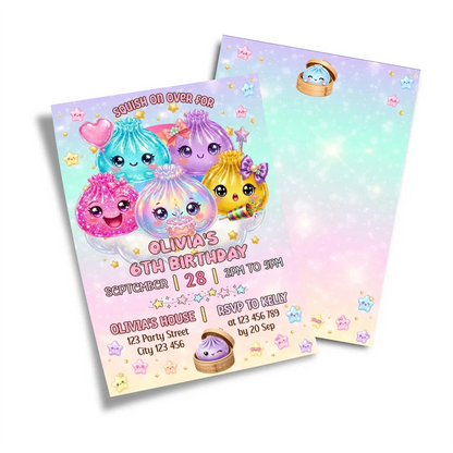 Glitter Dumpling birthday card invitations displaying a sparkly template layout on a minimal background