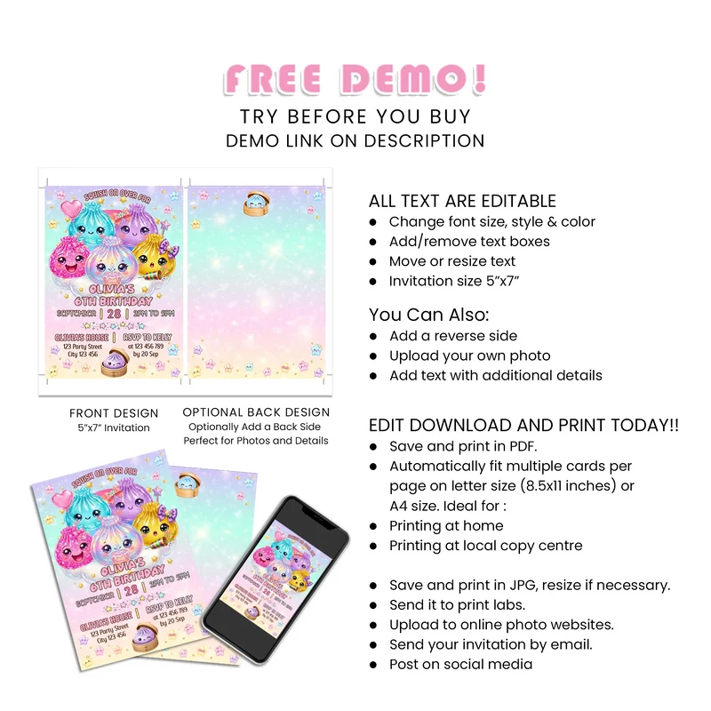 Glitter Dumpling Personalized Birthday Card Invitations Printable Digital Download