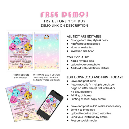 Glitter Dumpling Personalized Birthday Card Invitations Printable Digital Download