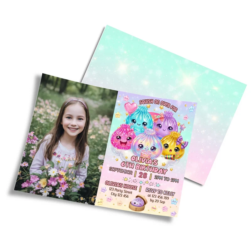 Glitter Dumpling photo card invitations featuring a custom picture frame layout on a clean studio background