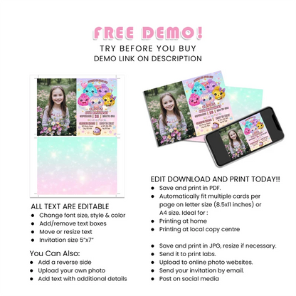 Glitter Dumpling Personalized Photo Card Invitations Printable Digital Download