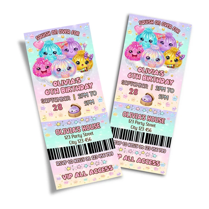 Glitter Dumpling birthday ticket invitations showing a vibrant event pass style layout with bold typography