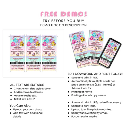 Glitter Dumpling Personalized Birthday Ticket Invitations Digital Download