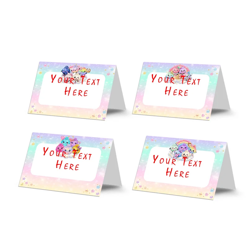 Glitter Dumpling food cards showing a collection of vibrant buffet labels arranged on a decorated treat table