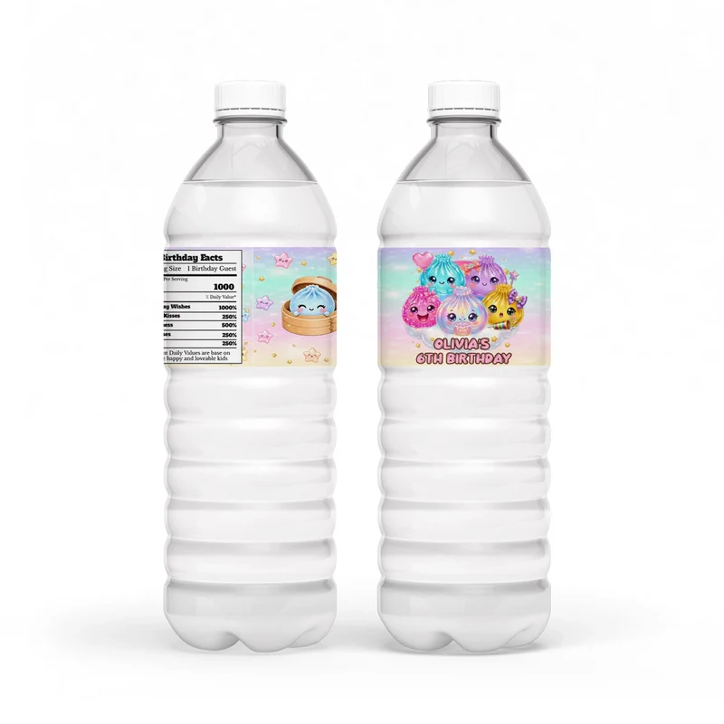 Glitter Dumpling water bottle label wrap showing a colorful party theme layout on a clear plastic bottle