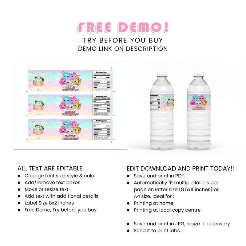 Glitter Dumpling Water Bottle Label Printable Digital Download