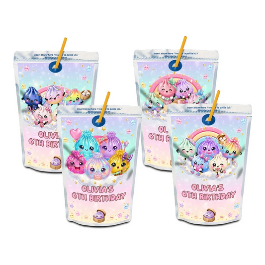 Glitter Dumpling juice pouch label mockup featuring a vibrant birthday design attached to a silver pouch