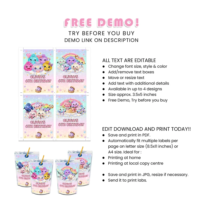 Glitter Dumpling Juice Pouch Label Printable Digital Download