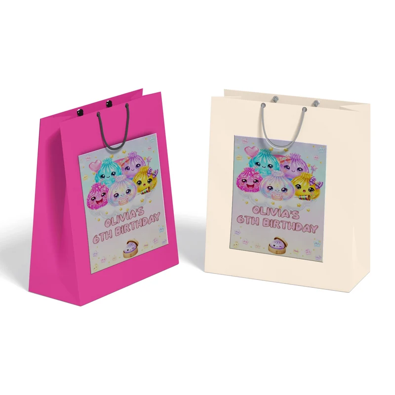 Glitter Dumpling goodie bag label featuring a vibrant party theme design applied to a classic paper gift bag
