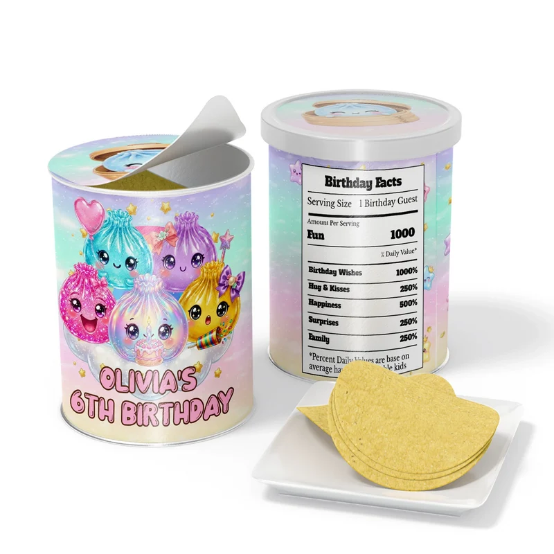Glitter Dumpling small Pringles label wrap with colorful character designs displayed on a miniature snack can