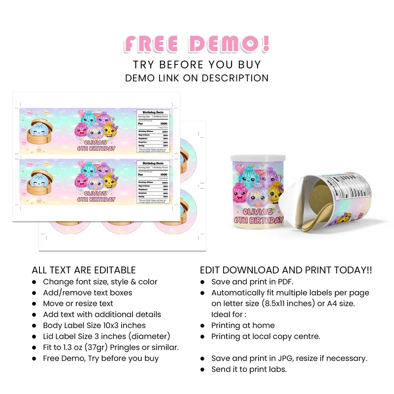 Glitter Dumpling Small Pringles Label Printable Digital Download