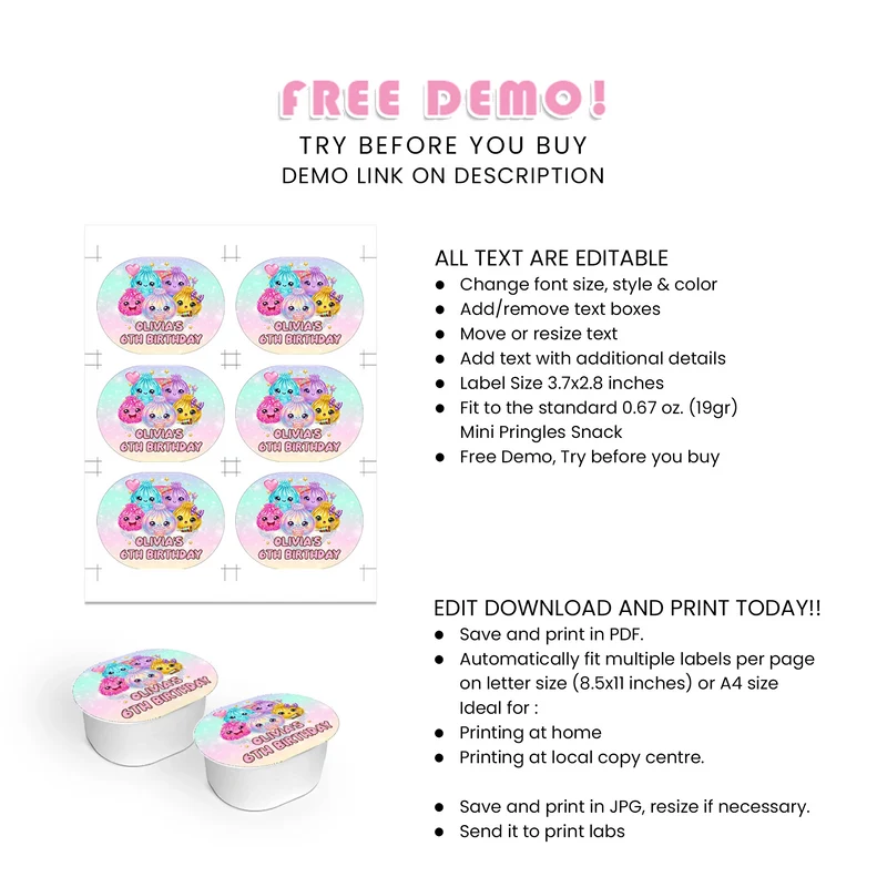 Glitter Dumpling Mini Pringles Label Printable Digital Download