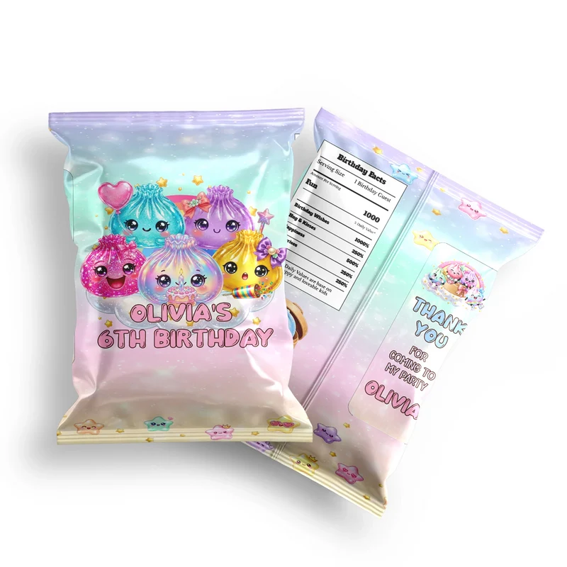 Glitter Dumpling chips bag label mockup displaying a vibrant custom snack bag layout on a clean background