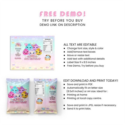 Glitter Dumpling Chips Bag Label Printable Digital Download
