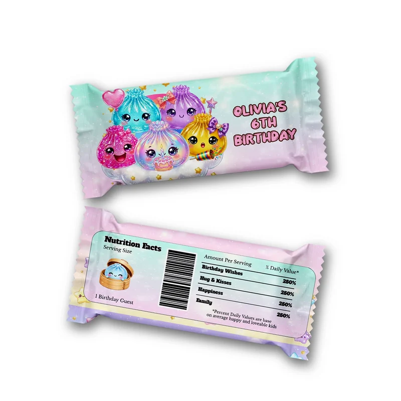 Glitter Dumpling Rice Krispies treats and candy bar labels shown together in a vibrant party snack display