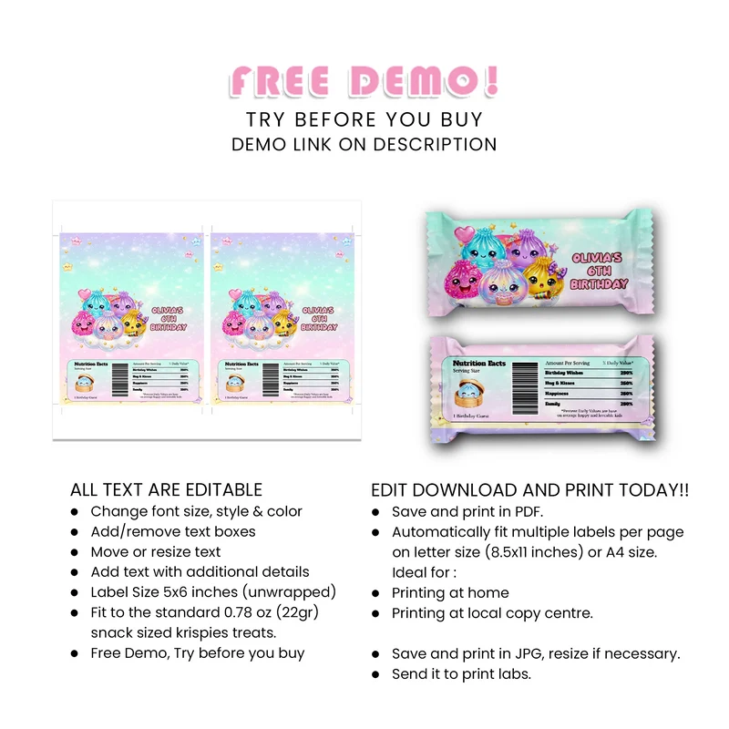 Glitter Dumpling Rice Krispies Treats Label & Candy Bar Label Digital Download