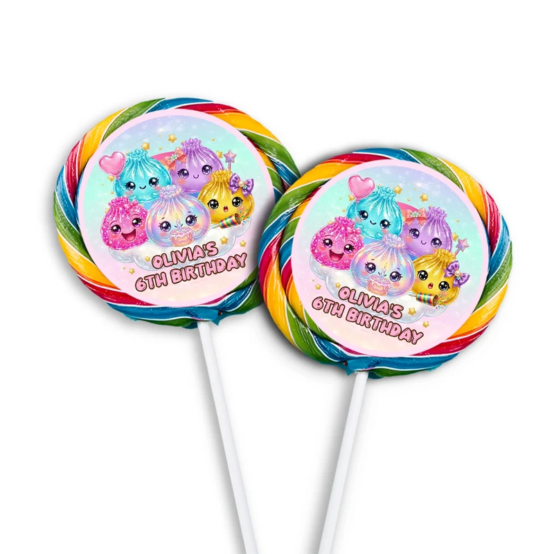 Glitter Dumpling lollipop label mockup featuring a colorful round sticker design attached to a clear wrapper