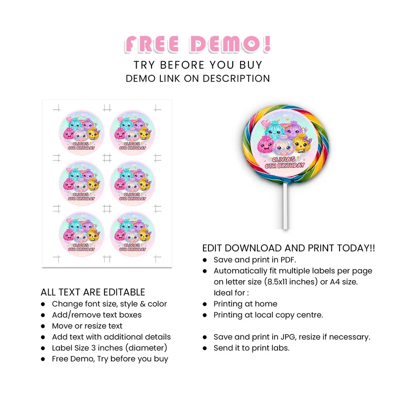 Glitter Dumpling Lollipop Label Printable Digital Download