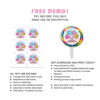 Glitter Dumpling Lollipop Label Printable Digital Download