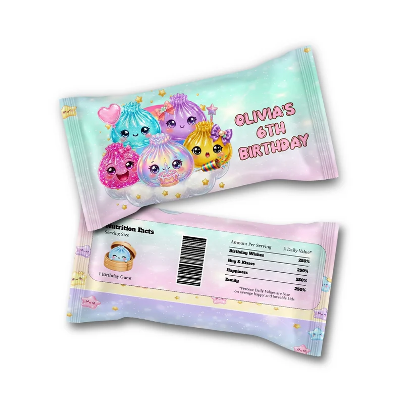 Glitter Dumpling Skittles label wrap showing a vibrant candy packaging layout displayed on a neat tabletop