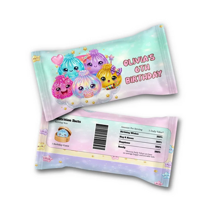 Glitter Dumpling Skittles label wrap showing a vibrant candy packaging layout displayed on a neat tabletop