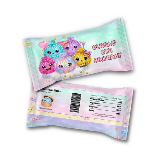 Glitter Dumpling Skittles label wrap showing a vibrant candy packaging layout displayed on a neat tabletop