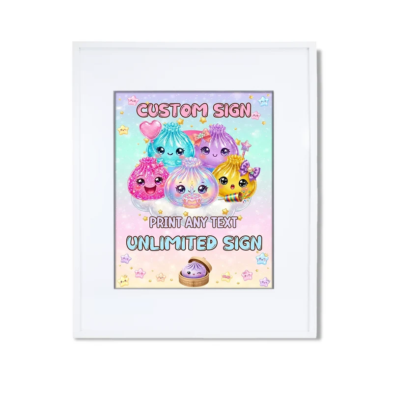 Glitter Dumpling custom sign template featuring a colorful party layout inside a modern white picture frame