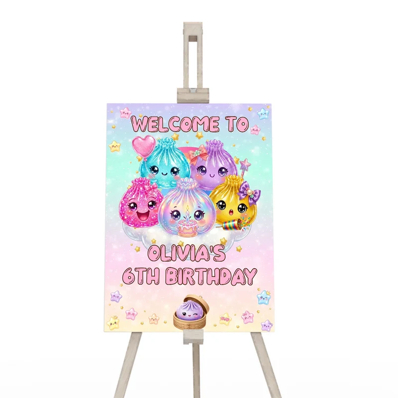 Glitter Dumpling welcome sign displaying a vibrant party theme greeting layout on a wooden display easel
