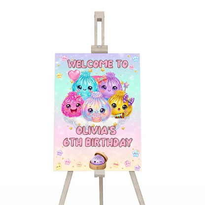 Glitter Dumpling welcome sign displaying a vibrant party theme greeting layout on a wooden display easel