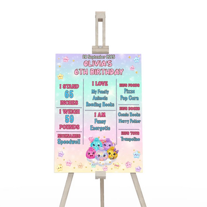 Glitter Dumpling milestone poster showing a colorful chalkboard style layout filled with custom text highlights