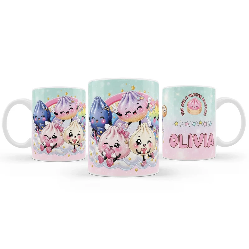 Glitter Dumpling sublimation mug design featuring a vibrant graphic layout wrapped around a white ceramic mug