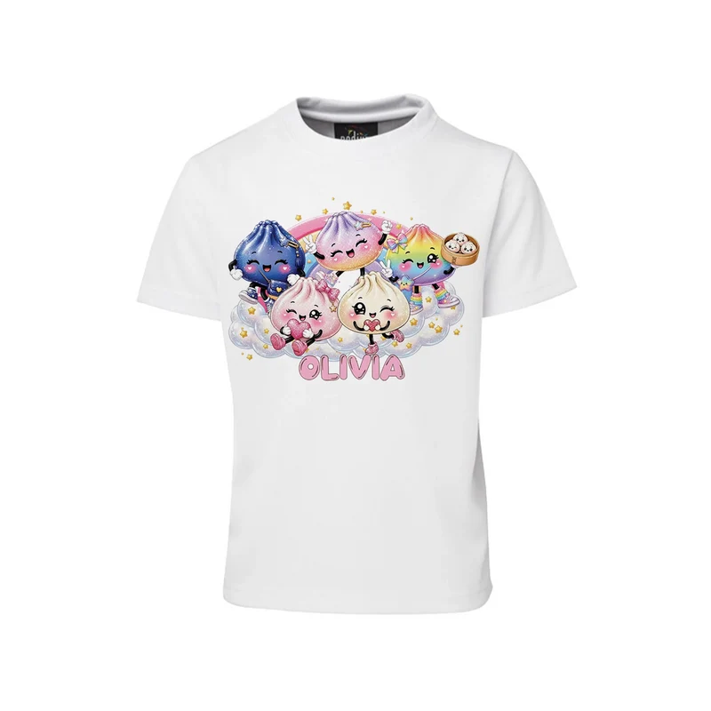 Glitter Dumpling sublimation T-shirt mockup showing a colorful graphic layout printed on a white cotton shirt