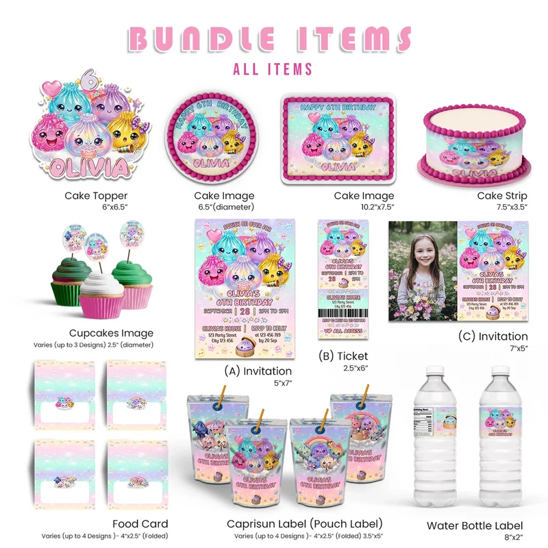 Glitter Dumpling personalized party pack template with sparkly dumpling illustrations in a flat lay mockup layout