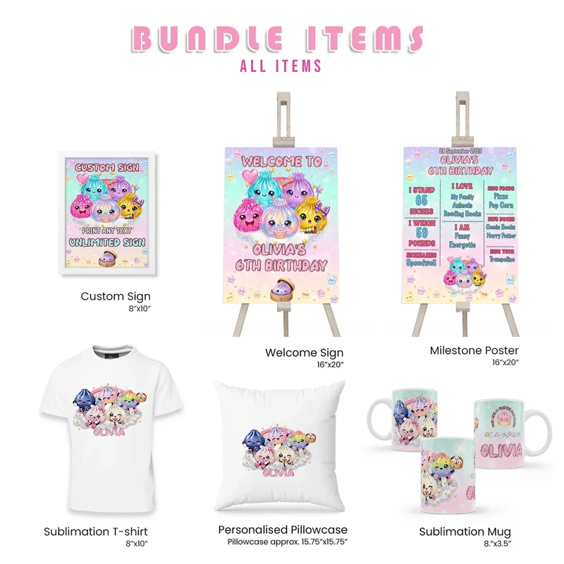 Glitter Dumpling Personalized Party Pack Bundle Printable Digital Download