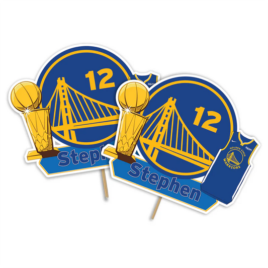 Golden State Warriors cake toppers with bold Warriors logo on cardstock and basketball theme