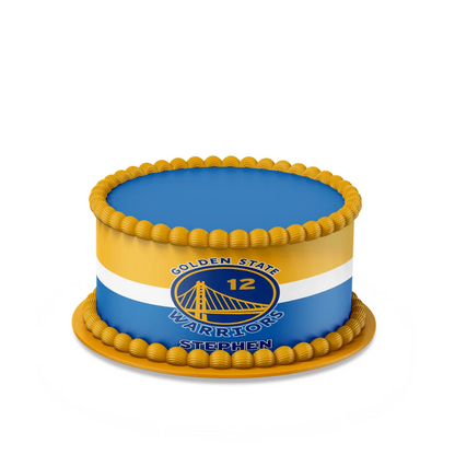 Golden State Warriors edible cake strips with team colors and logo on white background