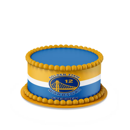 Golden State Warriors edible cake strips with team colors and logo on white background