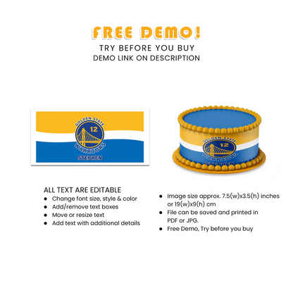 Golden State Warriors Edible Cake Strips Custom Party Decor
