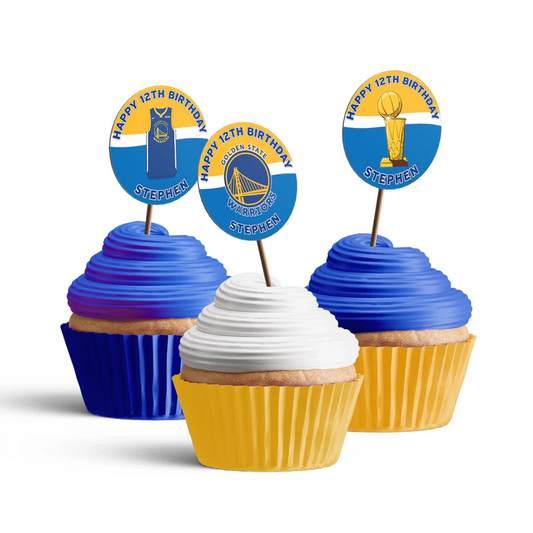 Golden State Warriors cupcakes toppers circular cutouts with basketball and Warriors colors