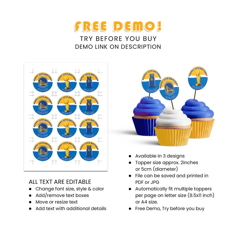 Golden State Warriors Cupcakes Toppers Personalized Decor