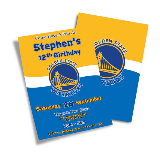 Golden State Warriors birthday card invitations with basketball graphic and team color scheme