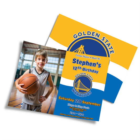 Golden State Warriors photo card invitations with personalized name and team background