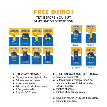 Golden State Warriors Favor Tags Printable Party Labels